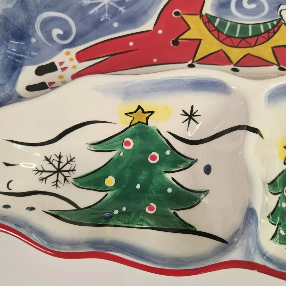 Clay Art Stonelite Christmas Tree Serving Dish Platter Hand Painted 2003 Vintage